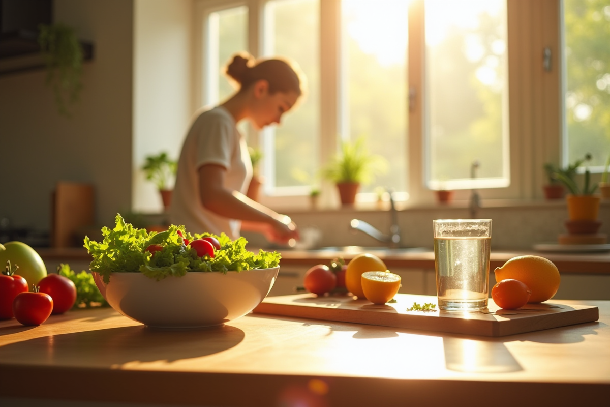 Cuisine lumineuse matin avec bol de fruits et salade