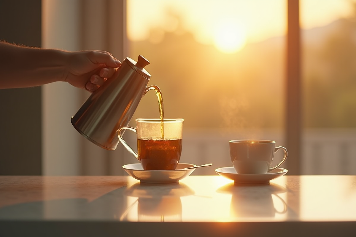 Main versant du thé vert dans une tasse au lever du soleil
