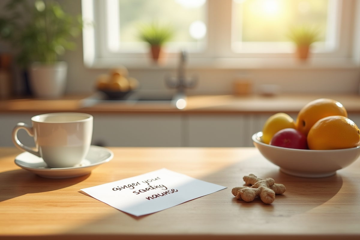 Cuisine moderne avec fruits frais et tasse de thé au gingembre