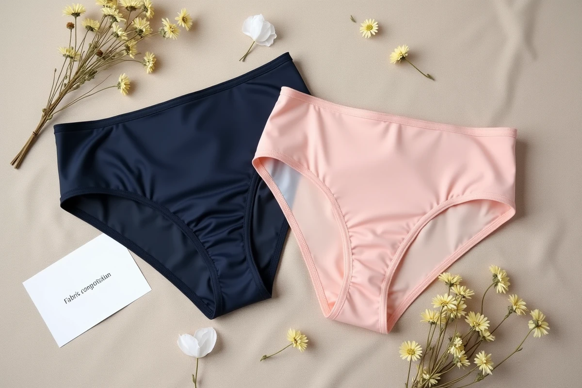 Culottes menstruelles pour peaux sensibles et allergiques présentées en flat lay sur lin naturel
