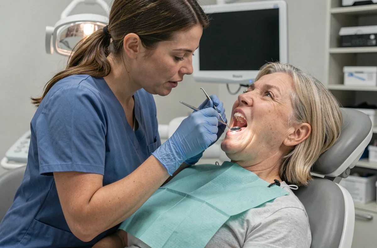 Dentiste examinant le palais d'une patiente avec un miroir buccal en cabinet dentaire