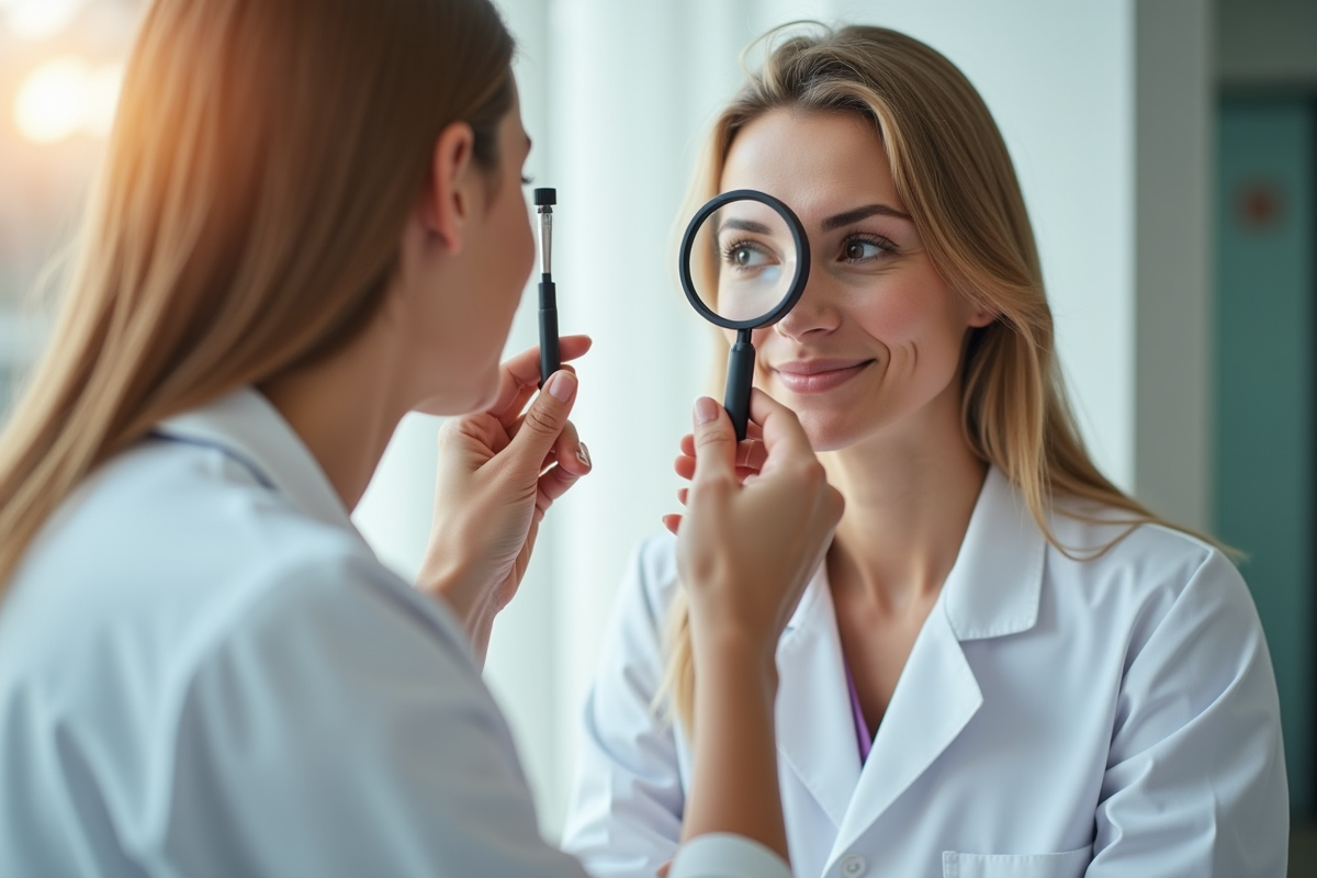 Dermatologue femme en blouse blanche examine une peau