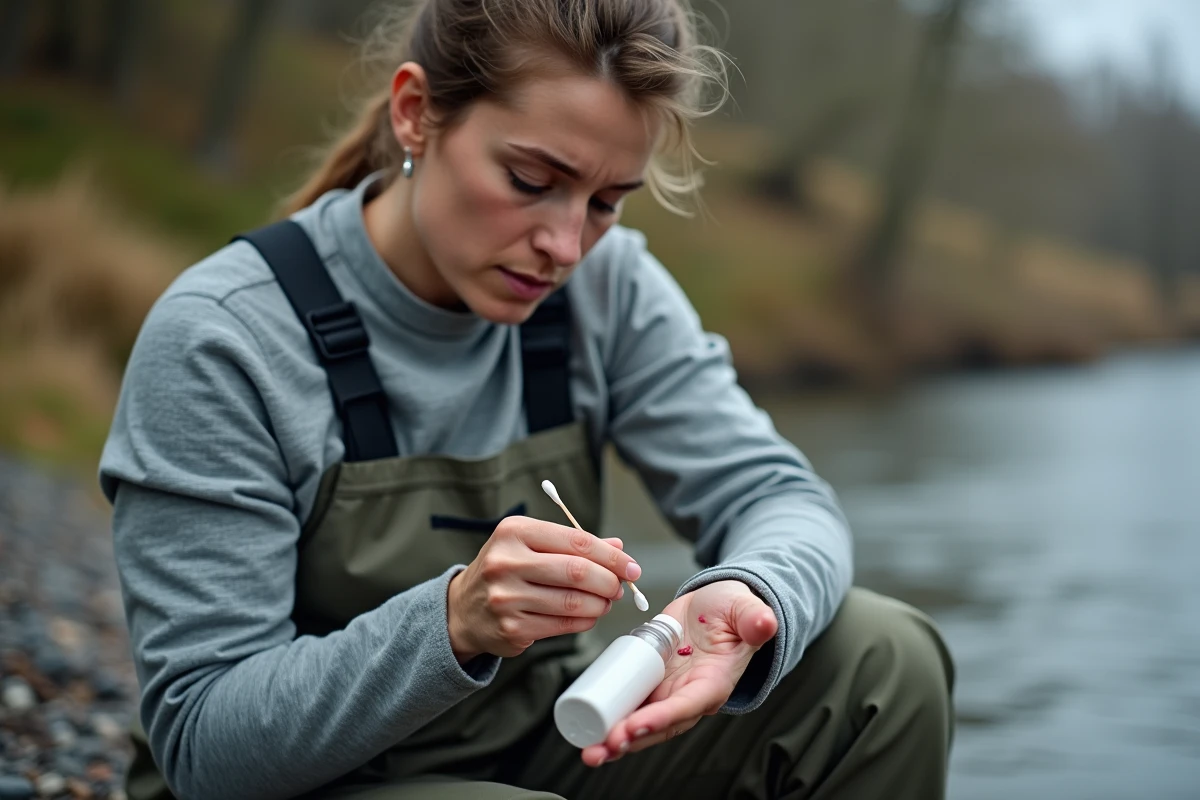Femme appliquant un antiseptique sur une morsure de brochet au bord d'une rivi&egrave;re