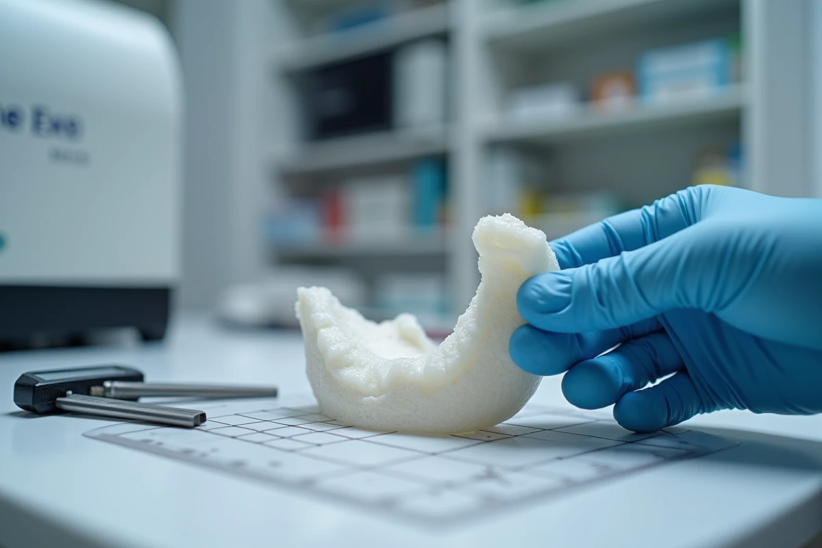 Gros plan sur une prothèse dentaire imprimée en 3D et les outils de calibration de la SprintRay CapDentaire