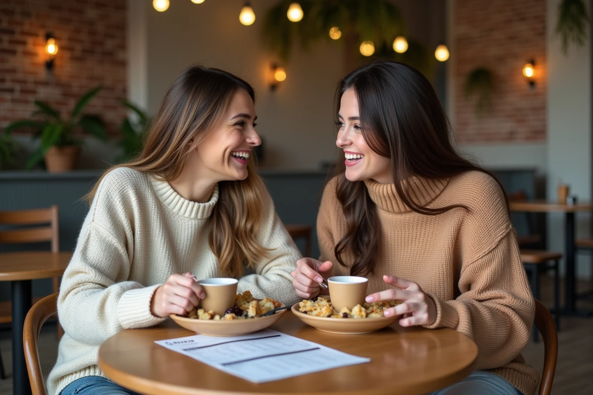 Deux femmes partageant leurs avis sur le programme RegimeBox autour d'un repas équilibré dans un café chaleureux