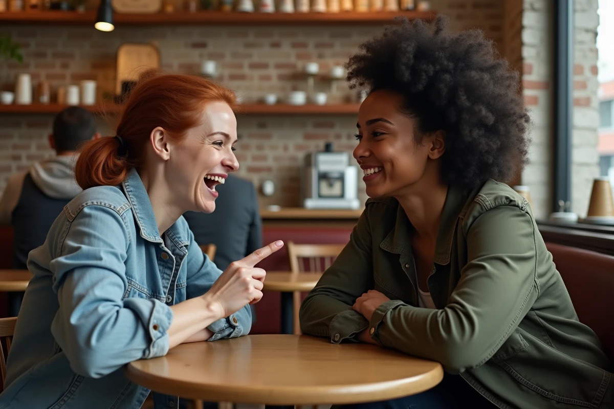 Deux femmes discutant de la superstition de la main droite qui gratte dans un café urbain
