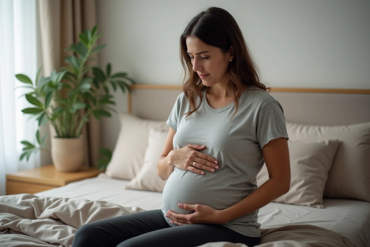 Femme adulte assise sur un lit tenant son ventre côté gauche avec une expression d'inconfort discret