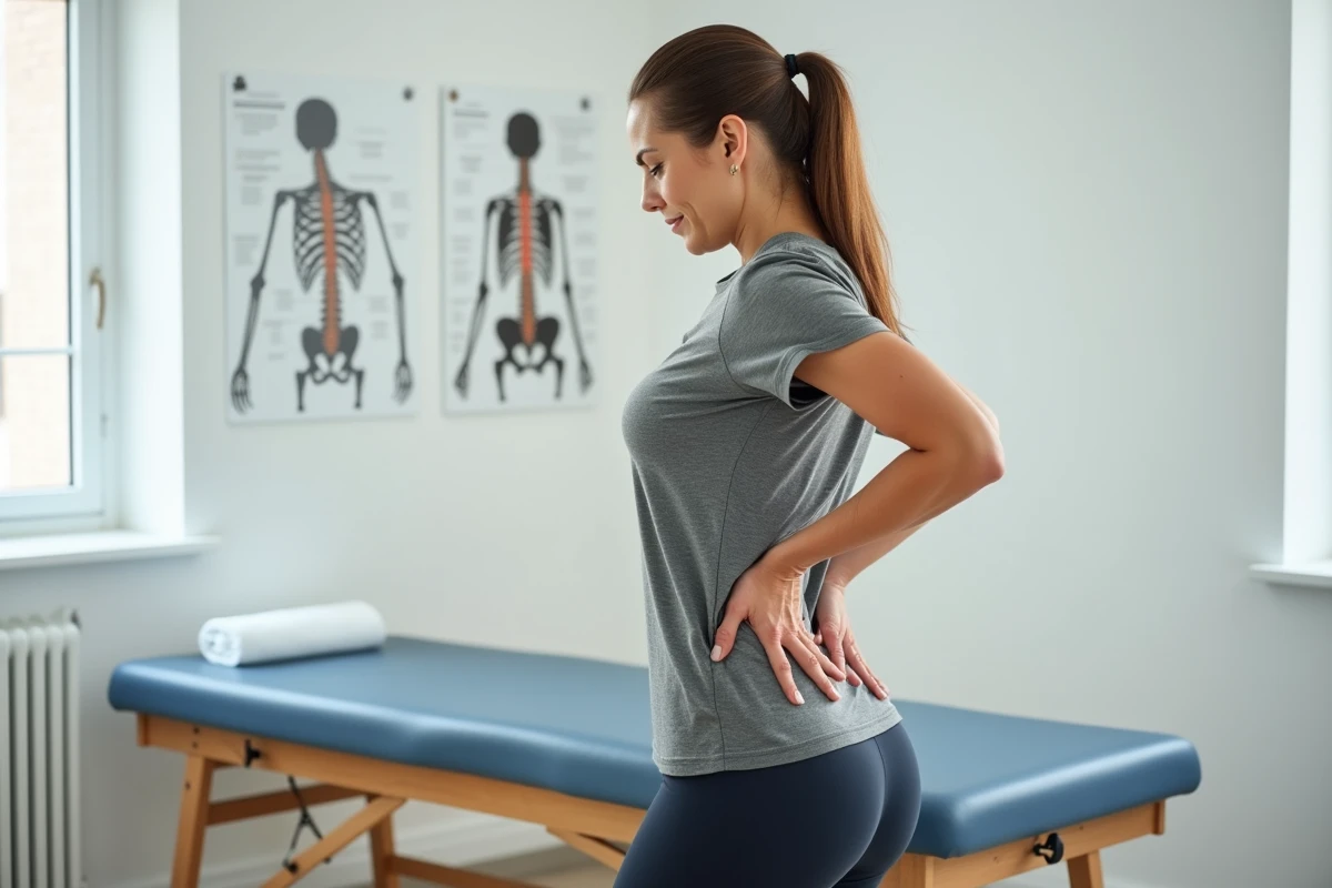 Femme tenant sa main sur le haut des fesses en signe de douleur dans un cabinet de kinésithérapie