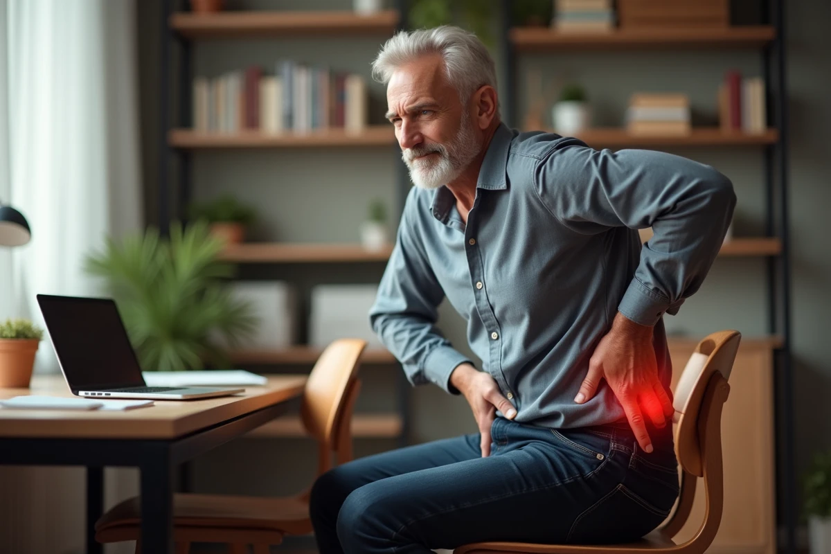 Homme assis se tenant le bas du dos et le haut des fesses avec une expression de douleur dans un bureau à domicile