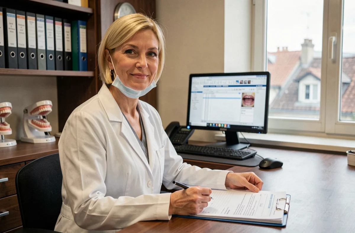 Orthodontiste blonde en blouse blanche consultant un dossier patient dans son bureau à Lyon