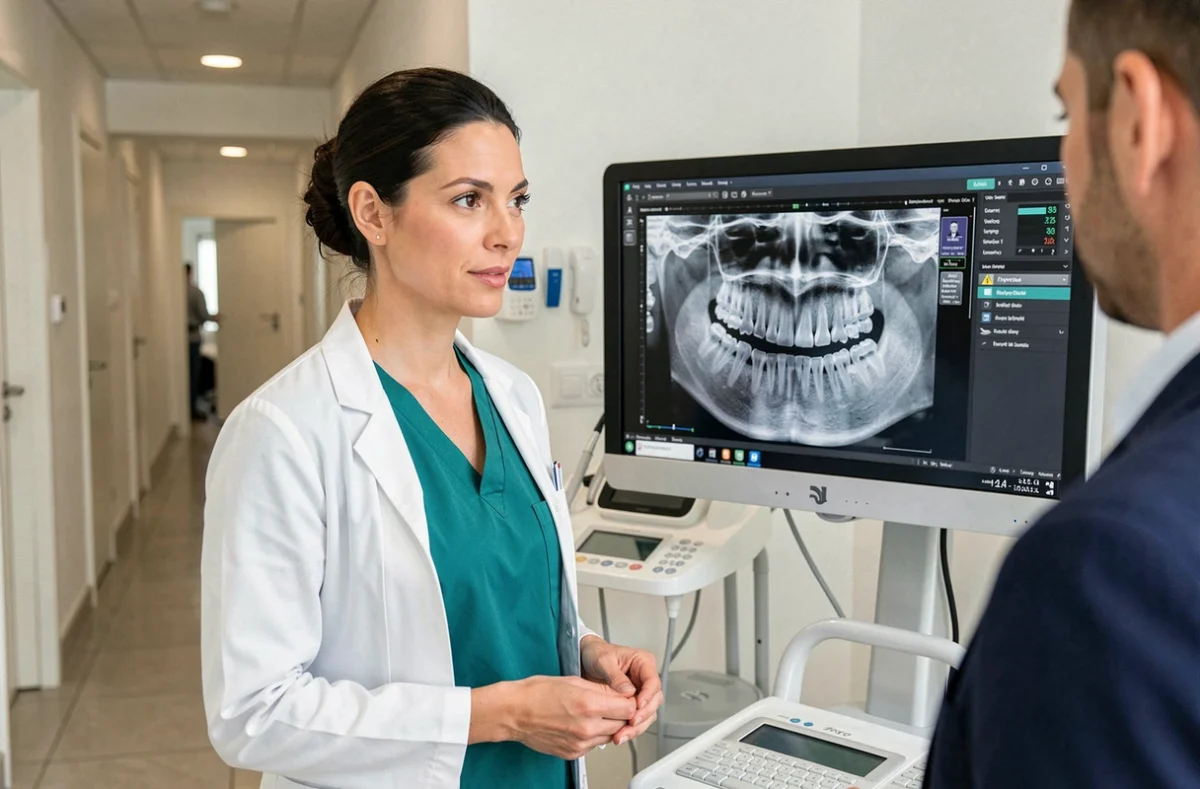 Orthodontiste en tenue chirurgicale discutant de radiographies dentaires avec une collègue dans un cabinet à Lyon