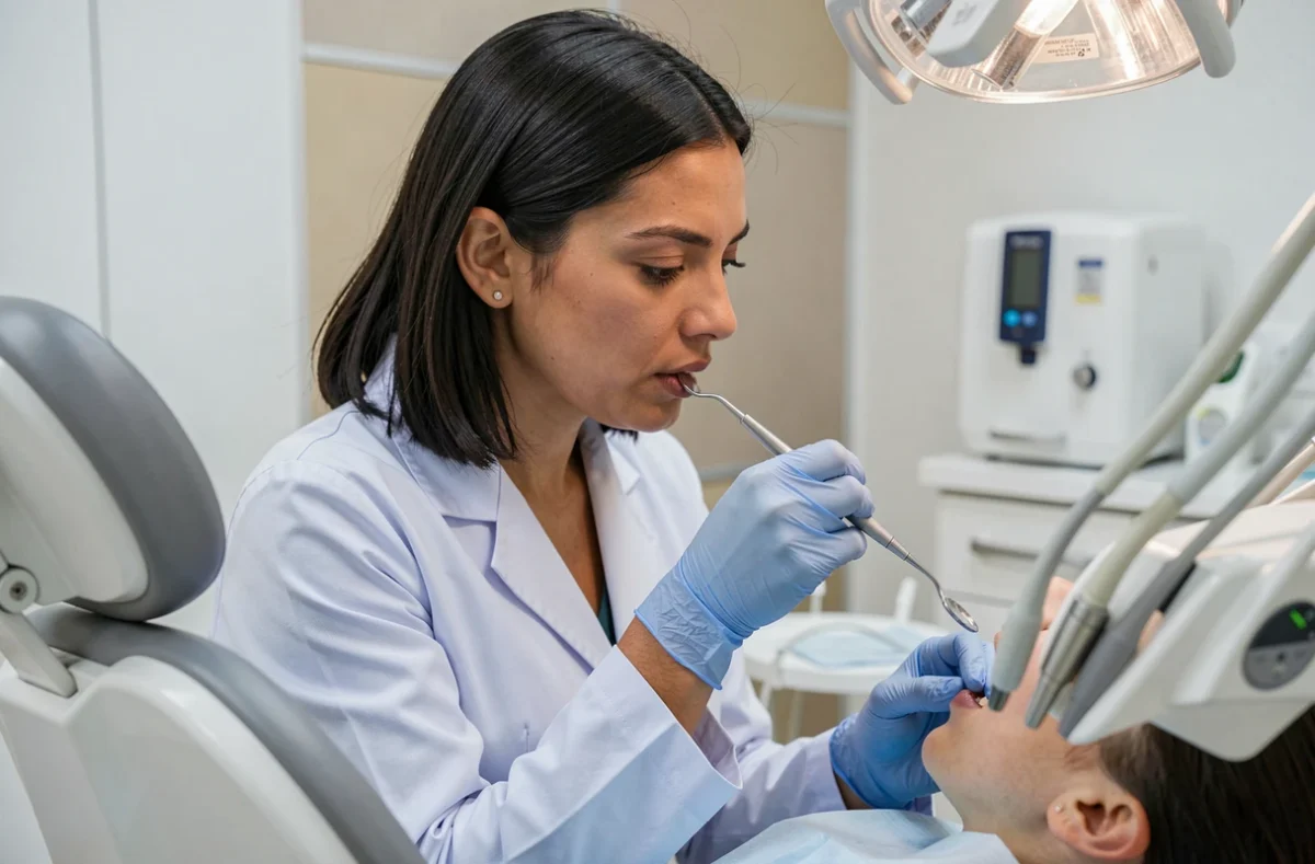Orthodontiste effectuant un examen dentaire minutieux dans son cabinet moderne à Oullins
