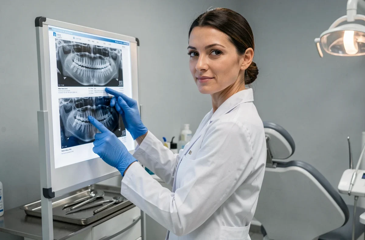 Orthodontiste femme en blouse blanche examinant des radios dentaires dans son cabinet à Villeurbanne