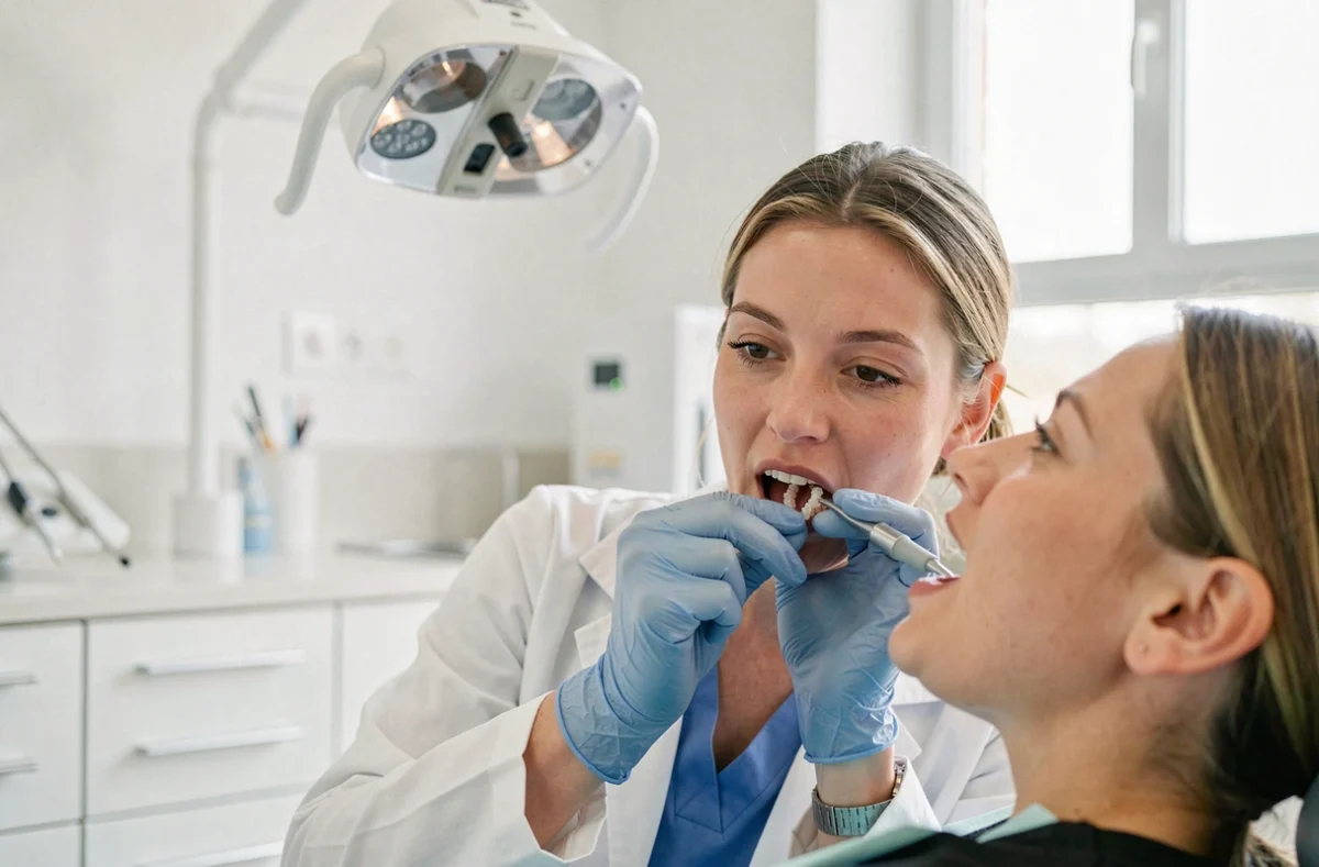 Orthodontiste féminine posant un aligneur dentaire sur une patiente dans son cabinet à Lyon