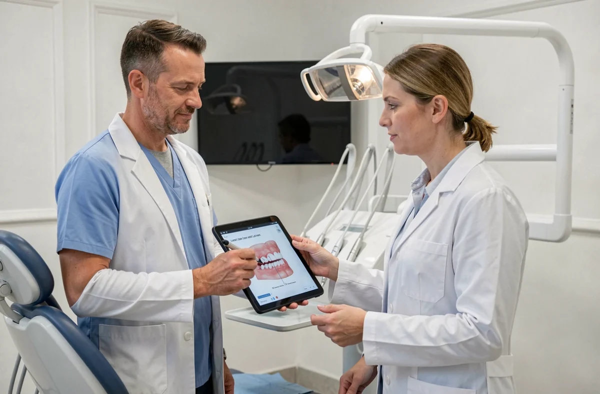 Orthodontiste masculin expliquant un plan de traitement sur tablette numérique dans un cabinet moderne à Lyon
