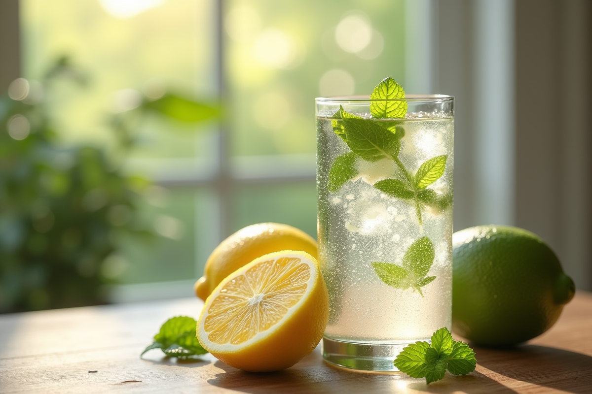 Verre d'eau citron menthe fraîche sur table en bois