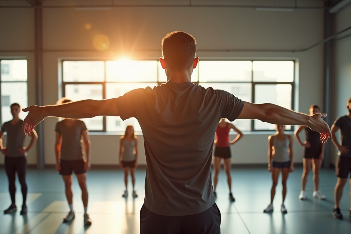 Entraîneur montrant des étirements à un groupe d'athletes