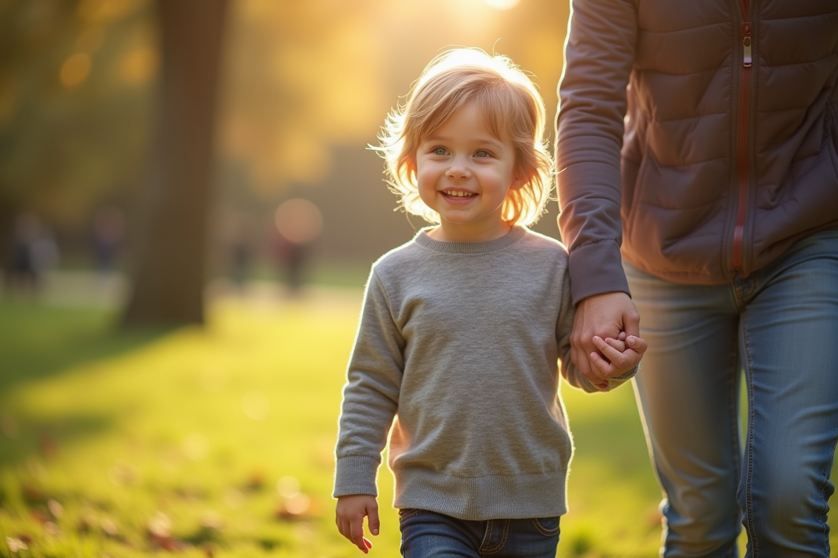 Jeune enfant autiste marchant dans un parc ensoleille avec un adulte