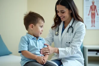 Enfant de 8 ans examiné par une pédiatre en cabinet médical pour une douleur sous les côtes droites