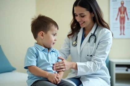 Enfant de 8 ans examiné par une pédiatre en cabinet médical pour une douleur sous les côtes droites