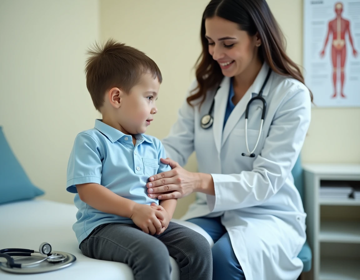 Enfant de 8 ans examiné par une pédiatre en cabinet médical pour une douleur sous les côtes droites