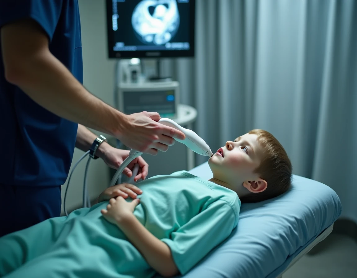 Enfant de 9 ans lors d'une échographie abdominale pour explorer une douleur sous les côtes droites à l'hôpital