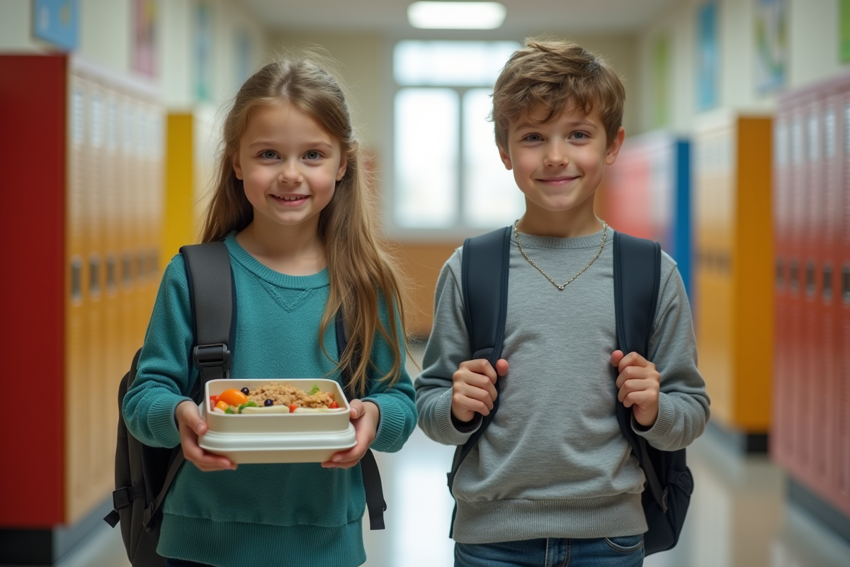 Enfants français avec lunchbox saine dans un couloir d