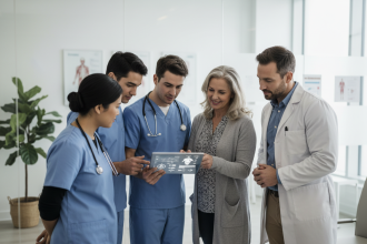 Groupe de professionnels de santé autour d'une tablette en clinique