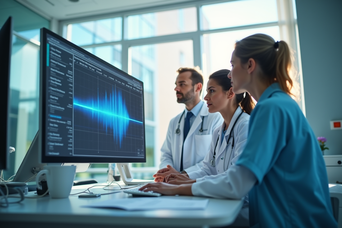 Équipe médicale diverse analysant des données patient à l'hôpital