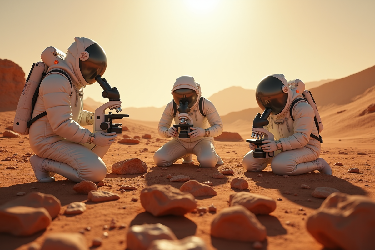 Équipe de scientifiques en combinaison sur Mars examinant des roches
