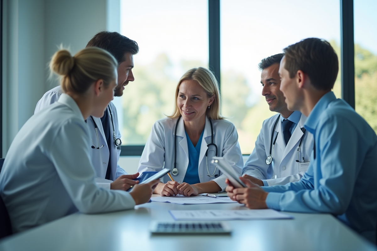 Professionnels de santé en réunion dans un hôpital moderne