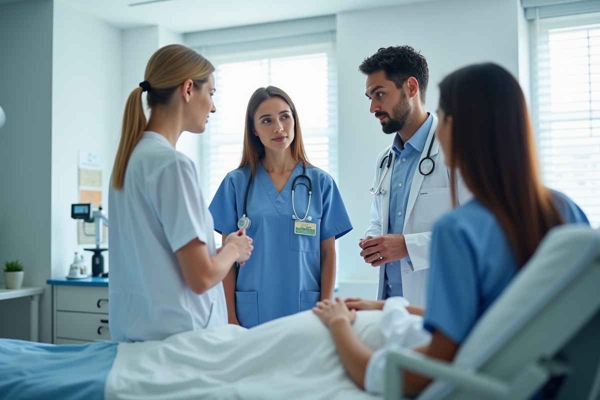 Equipe de soins diversifiée autour d'un patient en hôpital