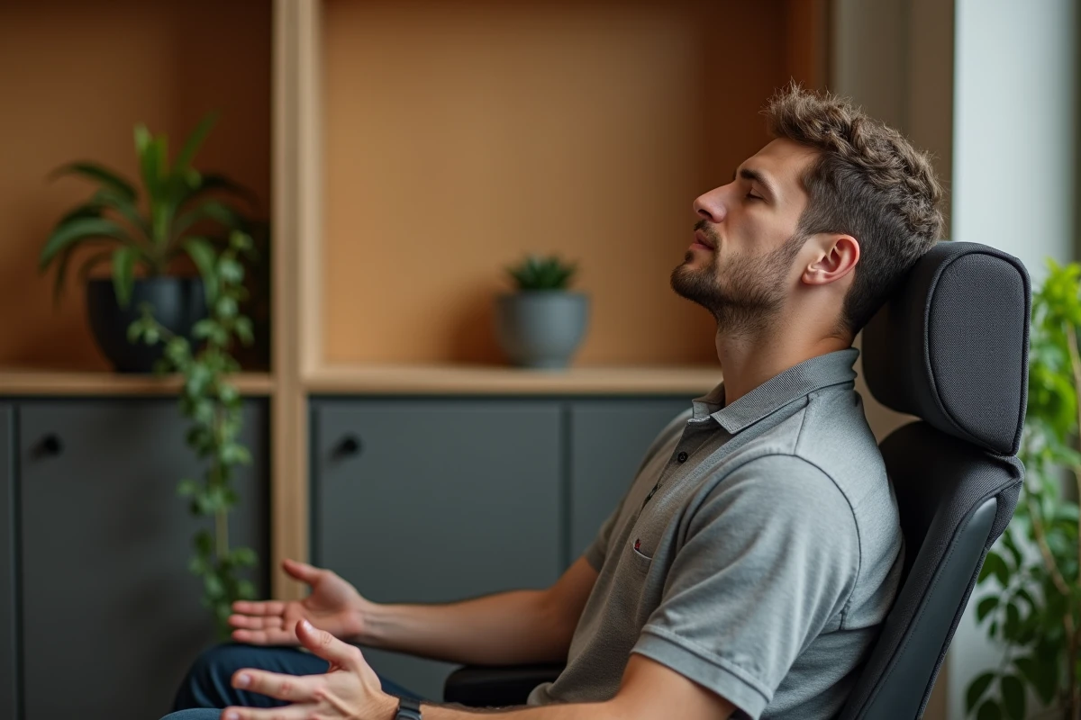 Salarié profitant d'un espace bien-être au bureau pour une pause de prévention santé mentale au travail