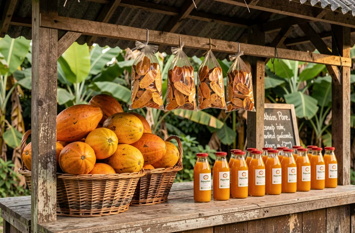 Étal de marché tropical présentant de la papaye entière, séchée en sachets et en bouteilles de jus sous une structure en bois rustique