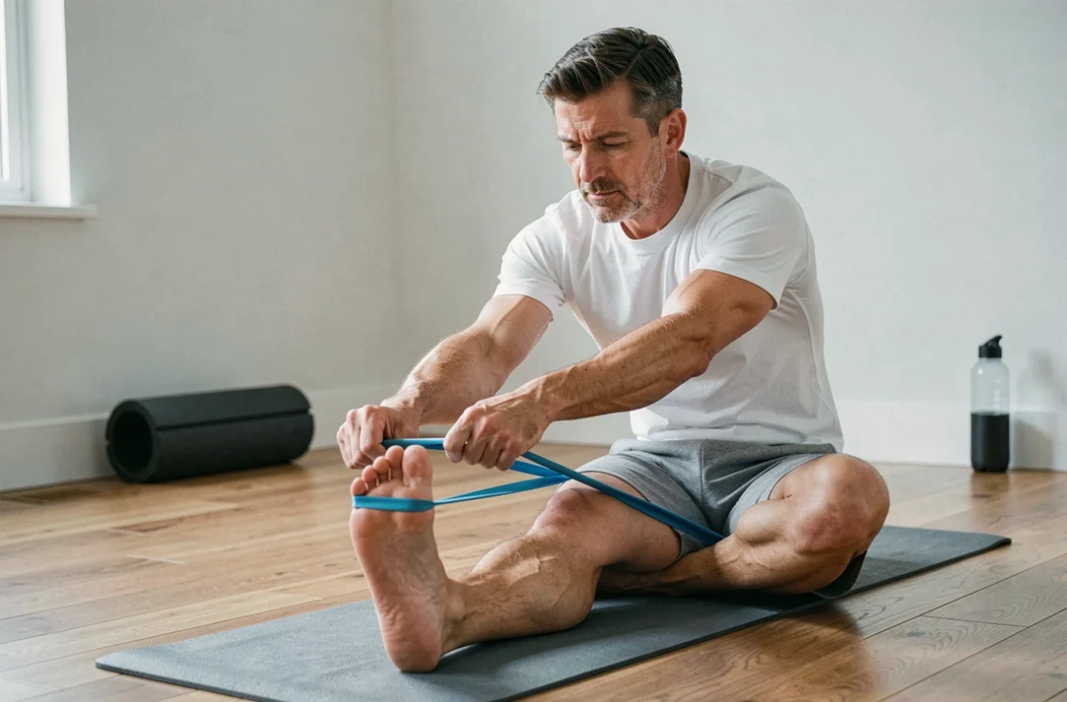 Homme réalisant un étirement du pied avec une bande élastique pour soulager la talalgie