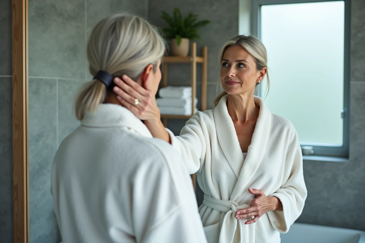 Femme pratiquant des étirements cervicaux doux dans la salle de bain pour adapter ses gestes en cas de névralgie du trijumeau