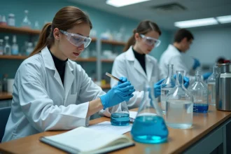 Étudiante en chimie effectuant une mesure de concentration en laboratoire avec une pipette et une fiole jaugée
