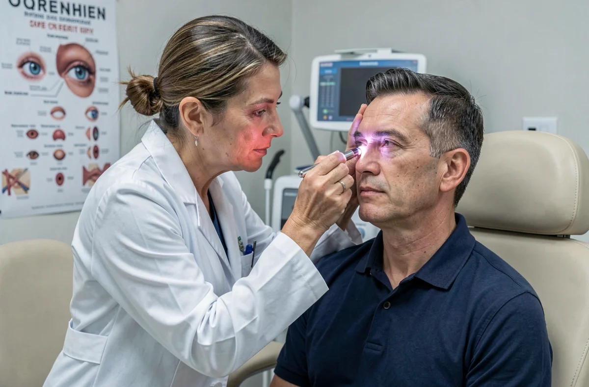 Médecin examinant l'œil gonflé d'un patient dans un cabinet de consultation médicale