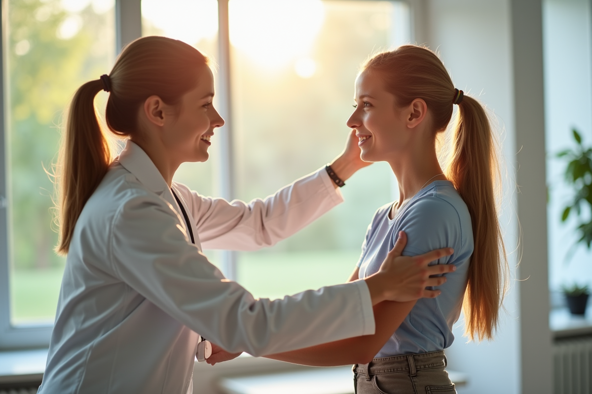 Jeune fille en étirement avec physiothérapeute en clinique lumineuse