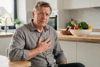 Homme d'âge mûr assis dans sa cuisine, main sur la poitrine, illustrant les extrasystoles liées aux troubles digestifs