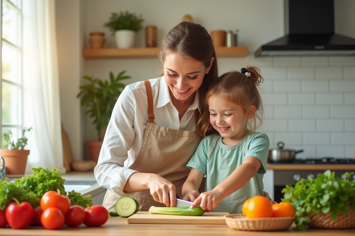Famille préparant un repas sain dans une cuisine lumineuse