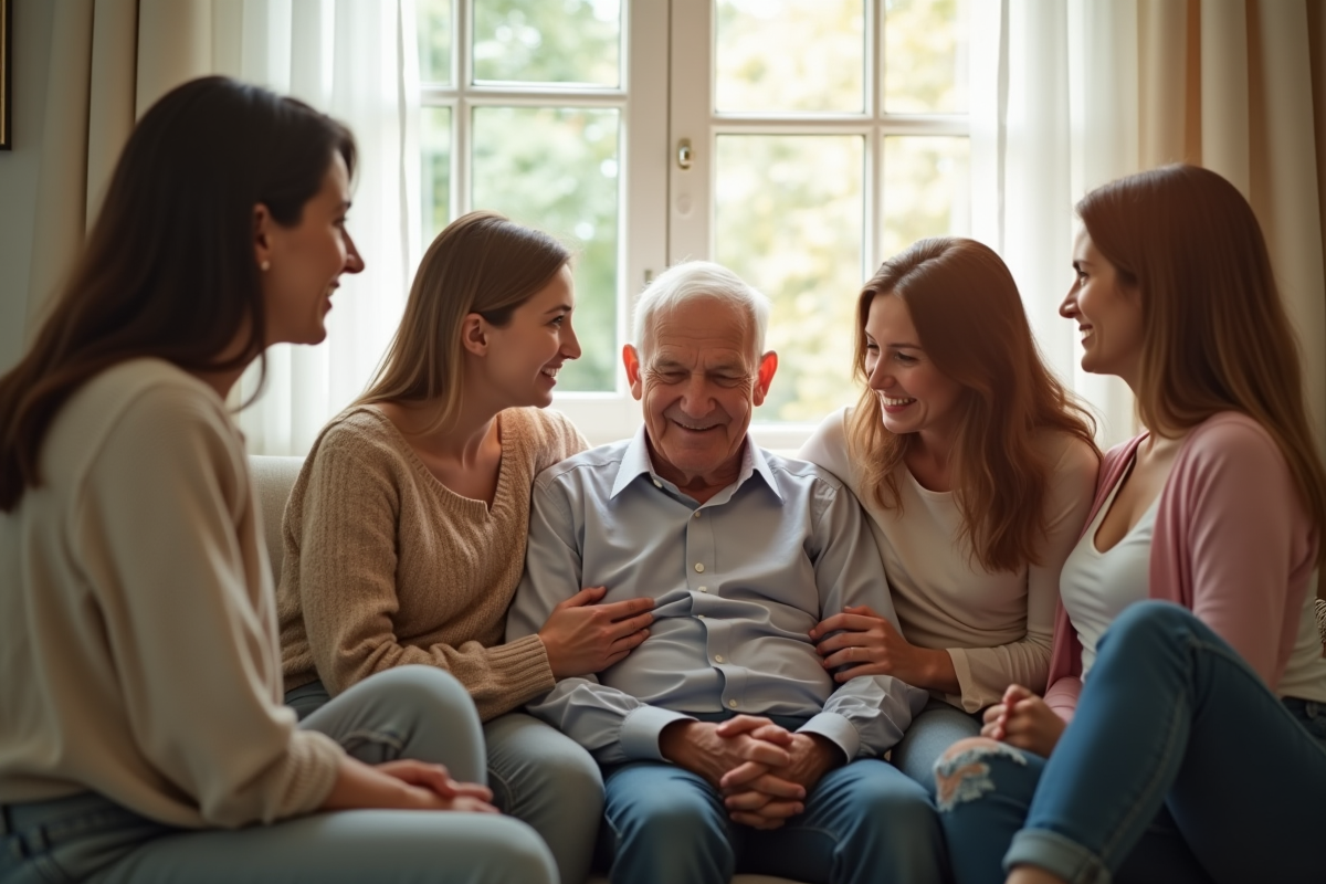 Famille reunie dans un salon lumineux partageant un moment