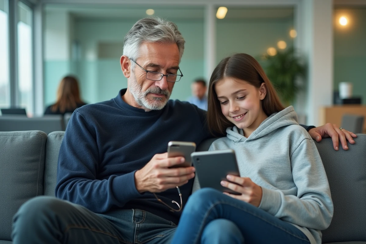 Père et adolescente dans une salle d'attente d'ophtalmologie consultant les garanties de leur mutuelle Groupama sur smartphone