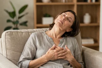 Femme fatiguée après une séance de magnétisme, assise dans un fauteuil en lin les yeux fermés, exprimant une relaxation profonde et une récupération post-séance
