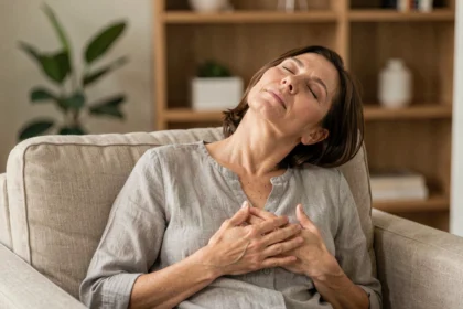 Femme fatiguée après une séance de magnétisme, assise dans un fauteuil en lin les yeux fermés, exprimant une relaxation profonde et une récupération post-séance
