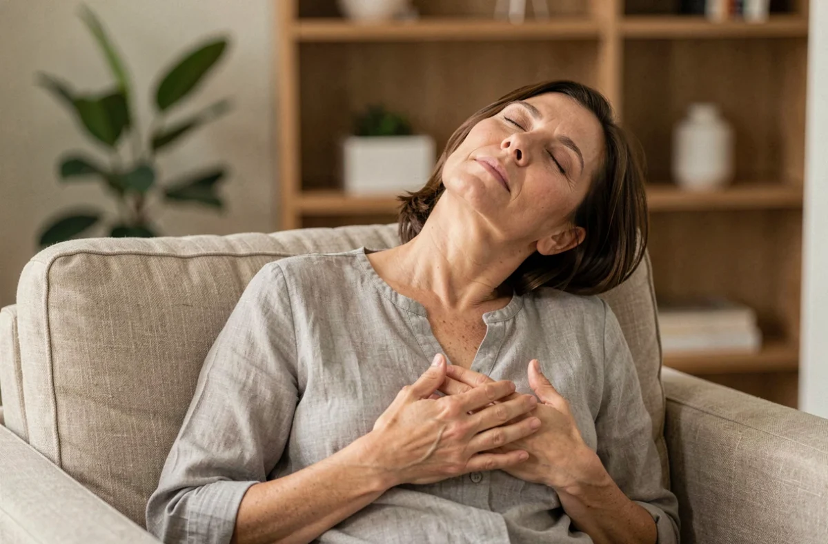 Femme fatiguée après une séance de magnétisme, assise dans un fauteuil en lin les yeux fermés, exprimant une relaxation profonde et une récupération post-séance