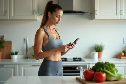 Femme active consultant un programme minceur RegimeBox sur son smartphone dans une cuisine moderne avec des légumes frais