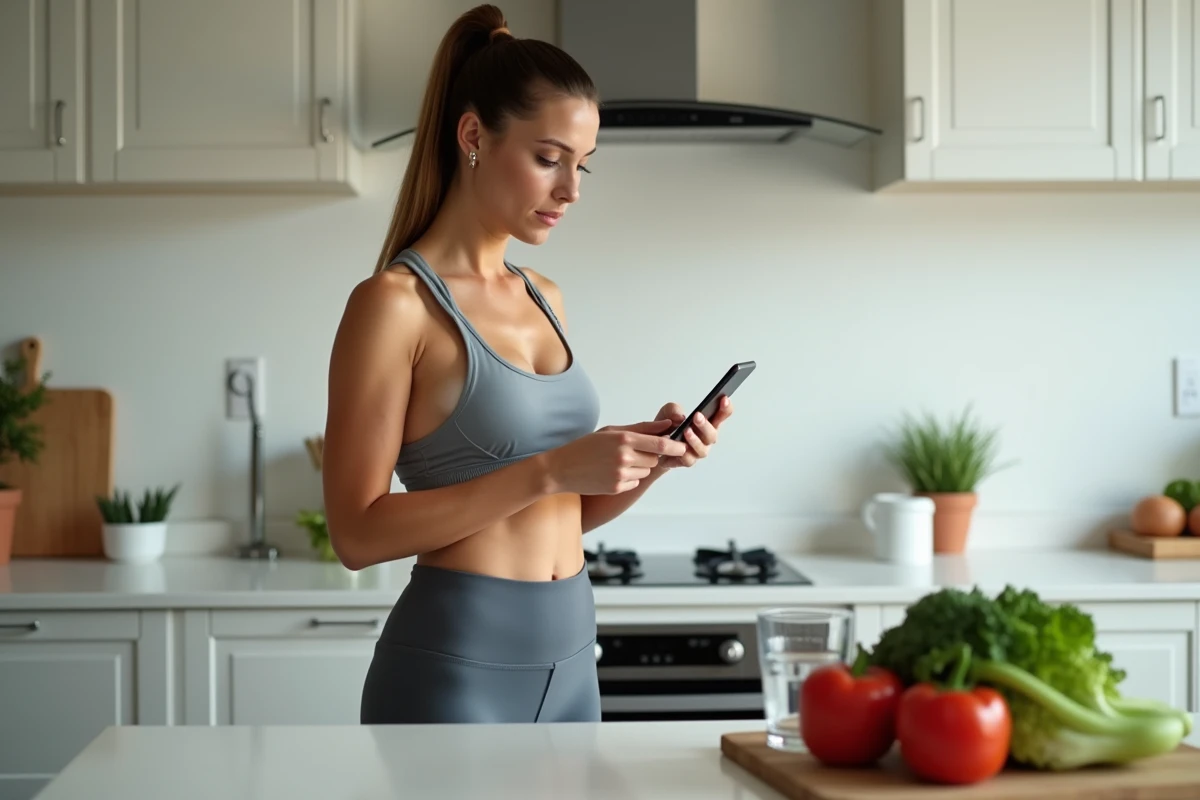 Femme active consultant un programme minceur RegimeBox sur son smartphone dans une cuisine moderne avec des légumes frais
