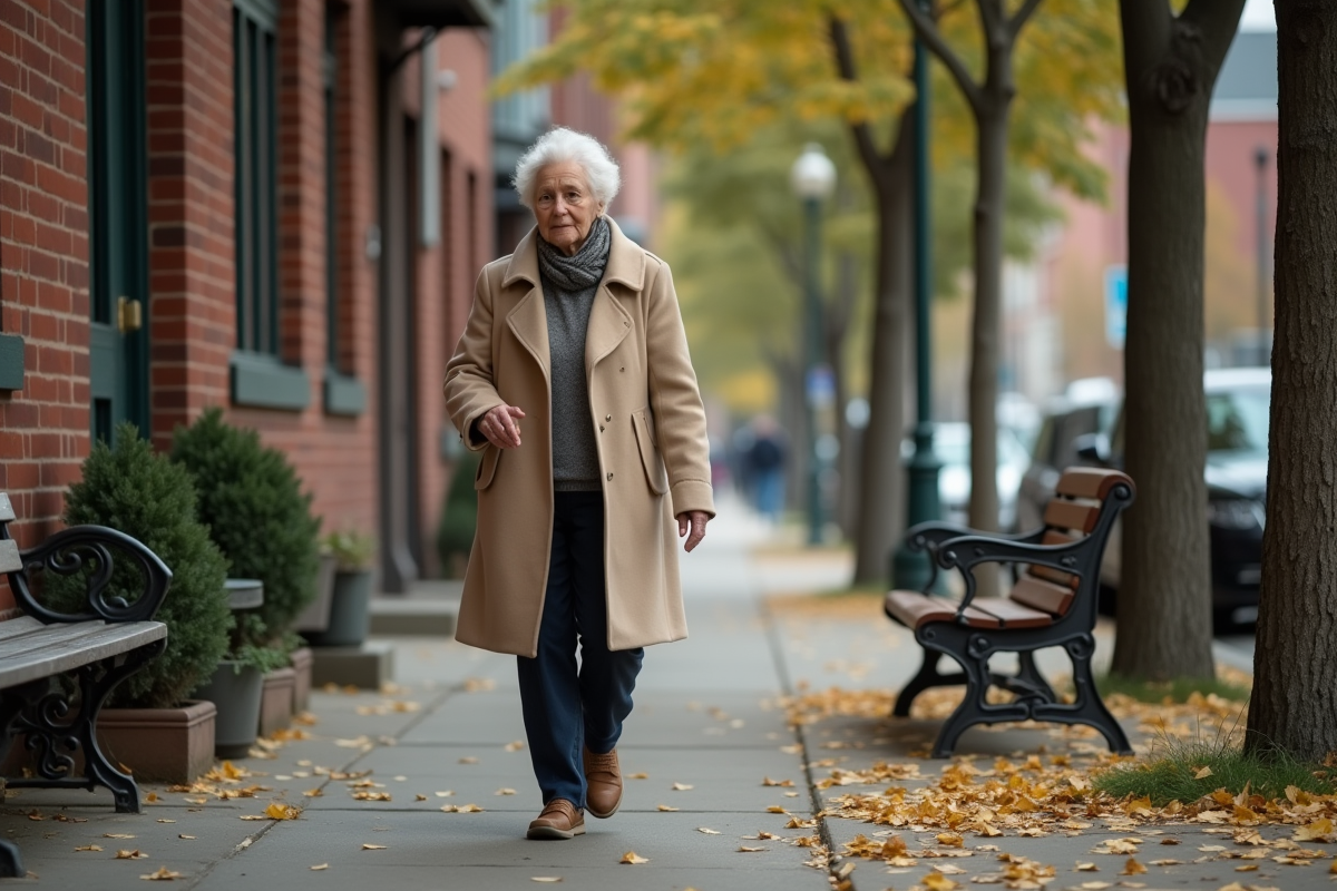 Femme âgée marche tranquillement dans la ville