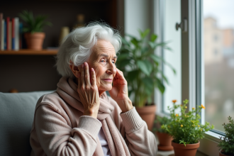 Femme âgée assise près d'une fenêtre en réflexion